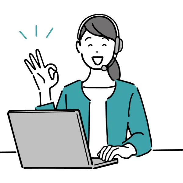 オンライン対応の速さと安心感を示すOKサインの女性のイラスト(全国対応可能)