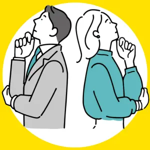 助成金申請に悩む中小企業の従業員を表現した男女のイラスト